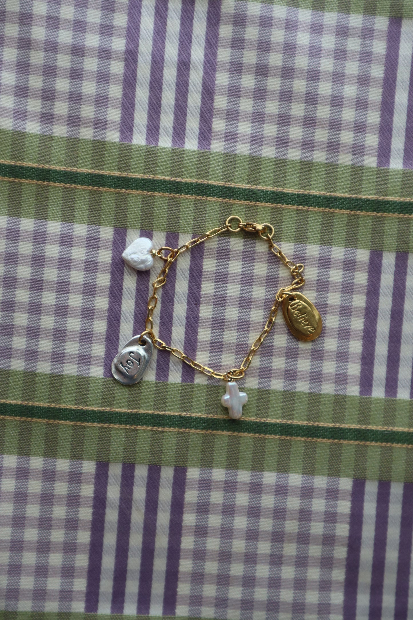 mixed metal + pearl charm bracelet