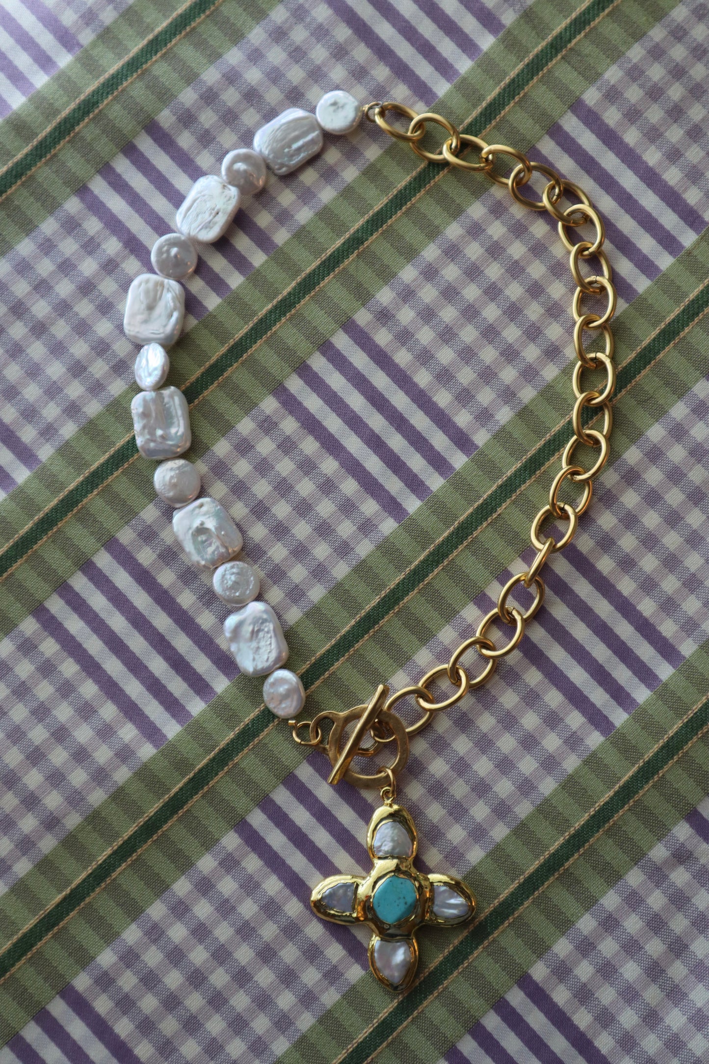 pearl + gold turquoise cross