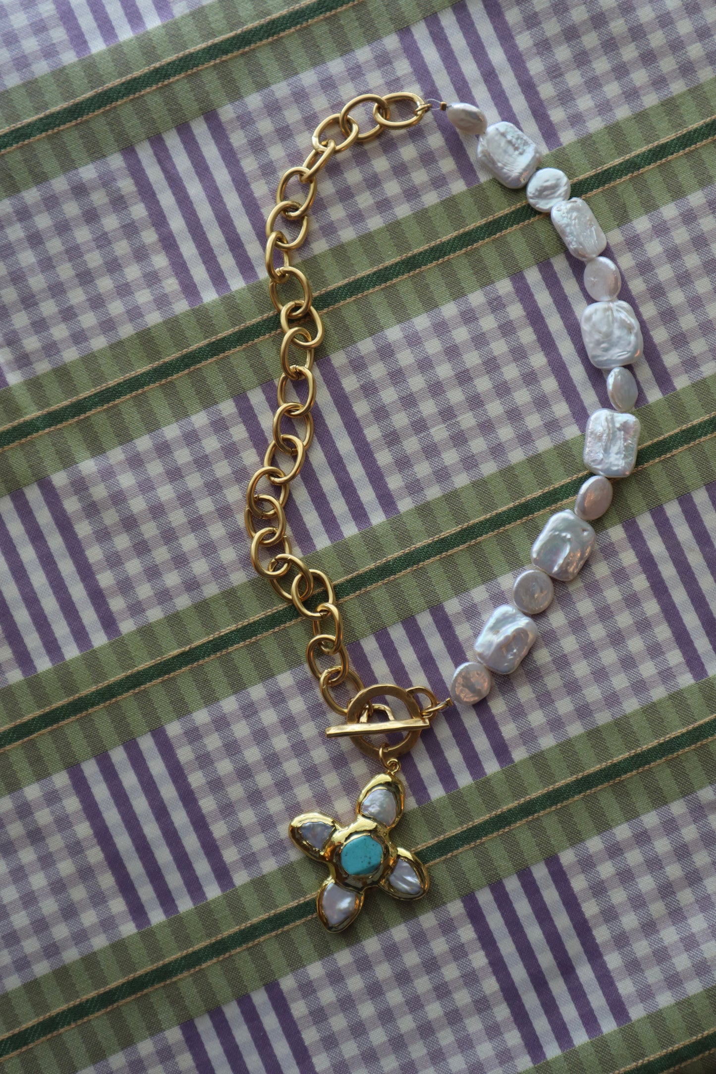 pearl + gold turquoise cross