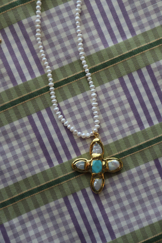 dainty turquoise cross pearl