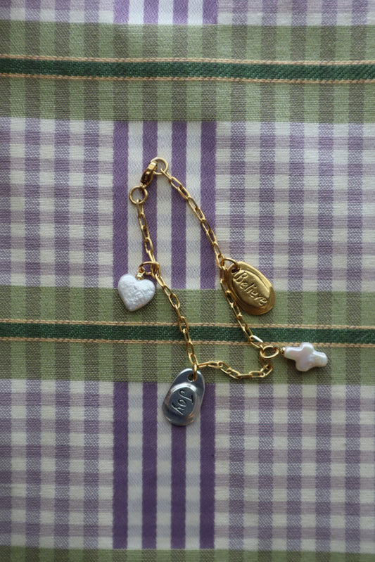 mixed metal + pearl charm bracelet